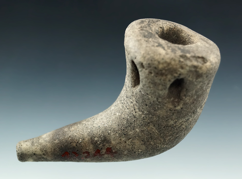 4" Long Prehistoric Sandstone Pipe with five unique flutes carved beneath the bowl area - New York.