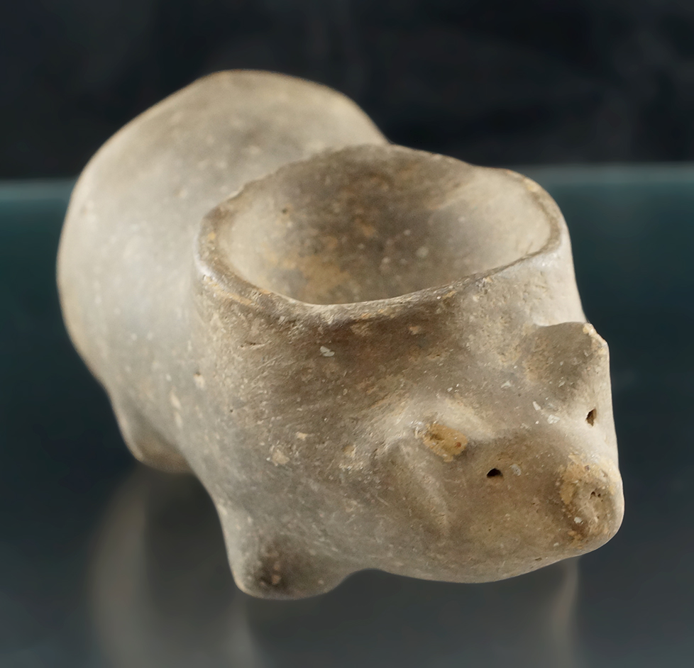 Sale highlight! 4 3/8" Mississippian Bear Effigy Pipe made from shell tempered clay found in Arkansa