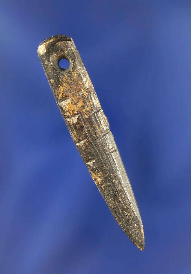 Nice, 1 7/8" Sharpened & Perforated Bone Piece decorated with 4 sets of Tally Marks.