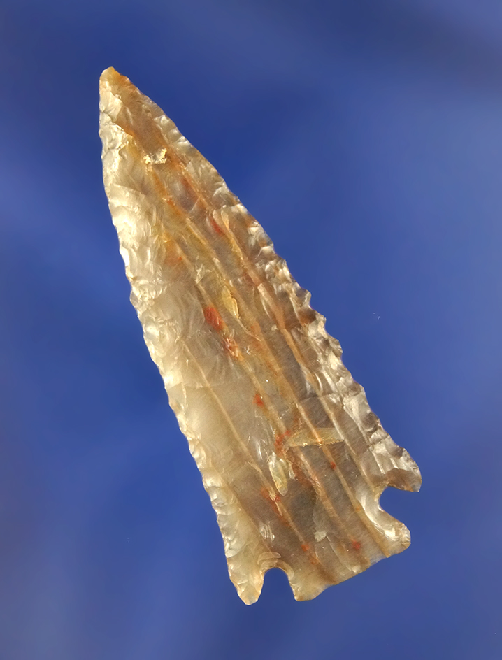 2 1/8" exceptionally well flaked Snake River Dart - nicely translucent banded Agatized Wood.