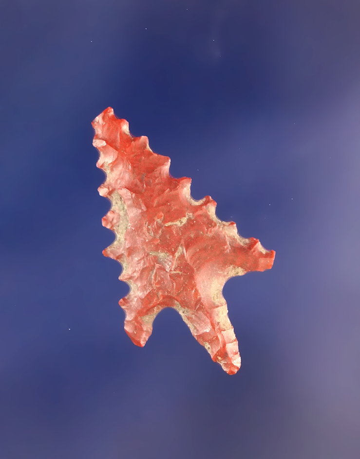 Calapooya Pin Stem Serrated Point, thin and fine with deep serrations, red Jasper, 7/8”. OR.