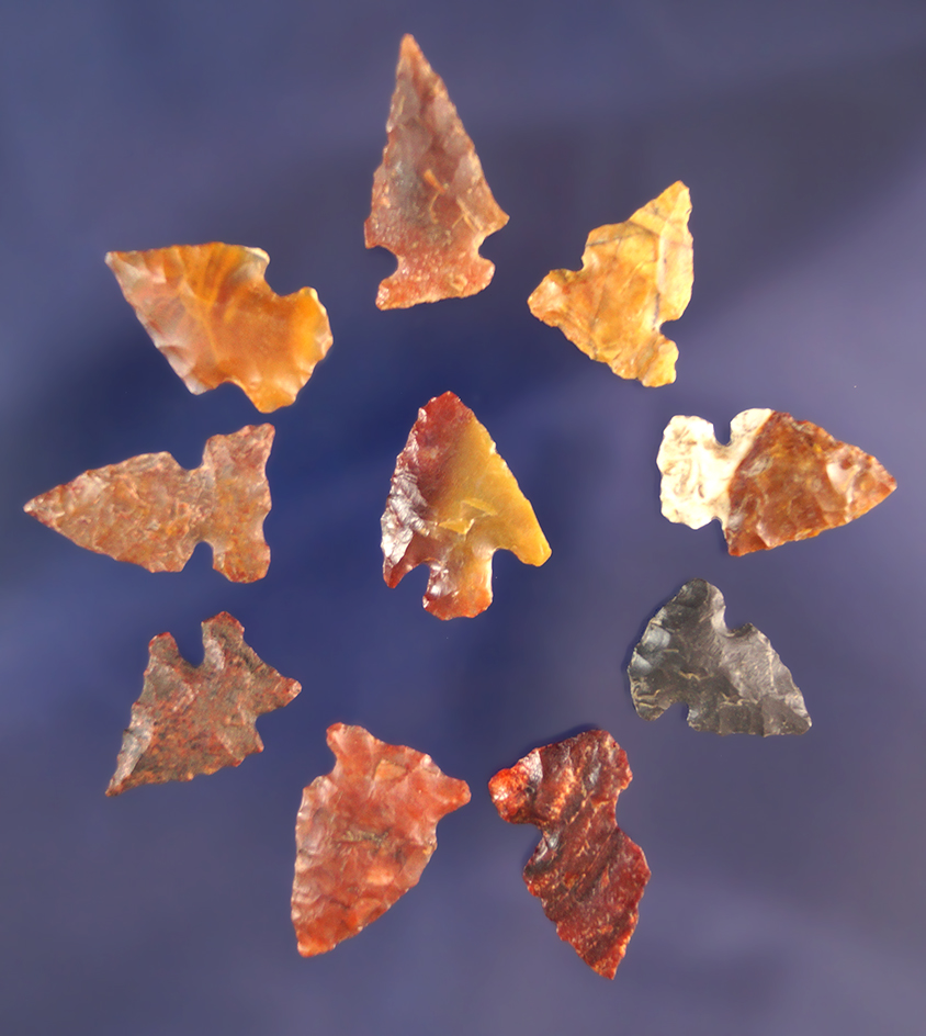 Set of 10 assorted Arrowheads largest is 7/8" - Coeur d' Alene River, Idaho.