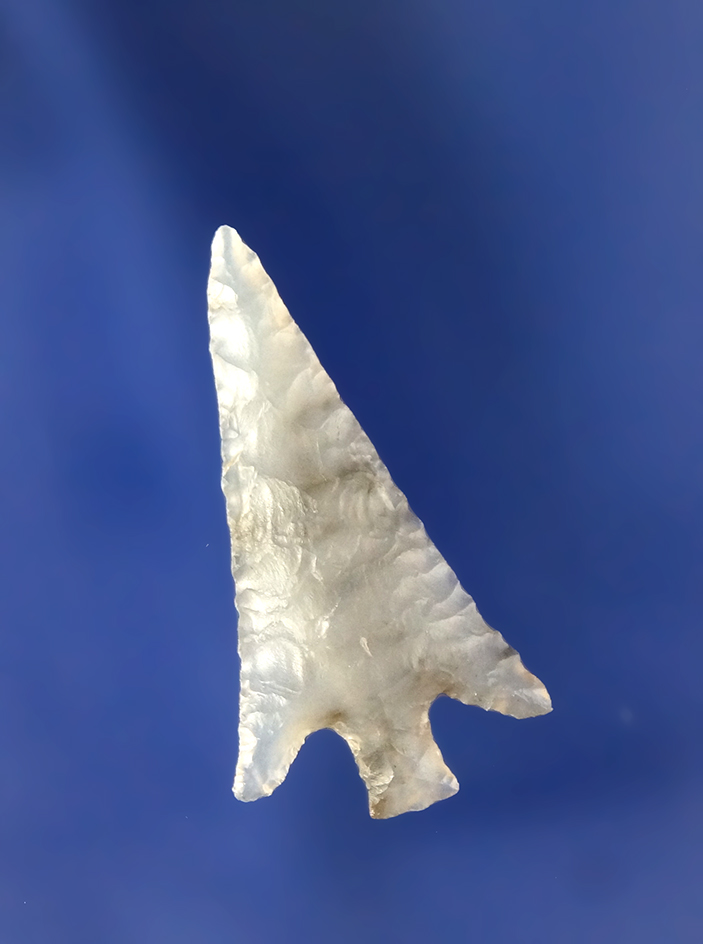 Columbia Plateau found by Frank Buehler in The Dalles area. 1 3/16” L, light Agate with spotting.