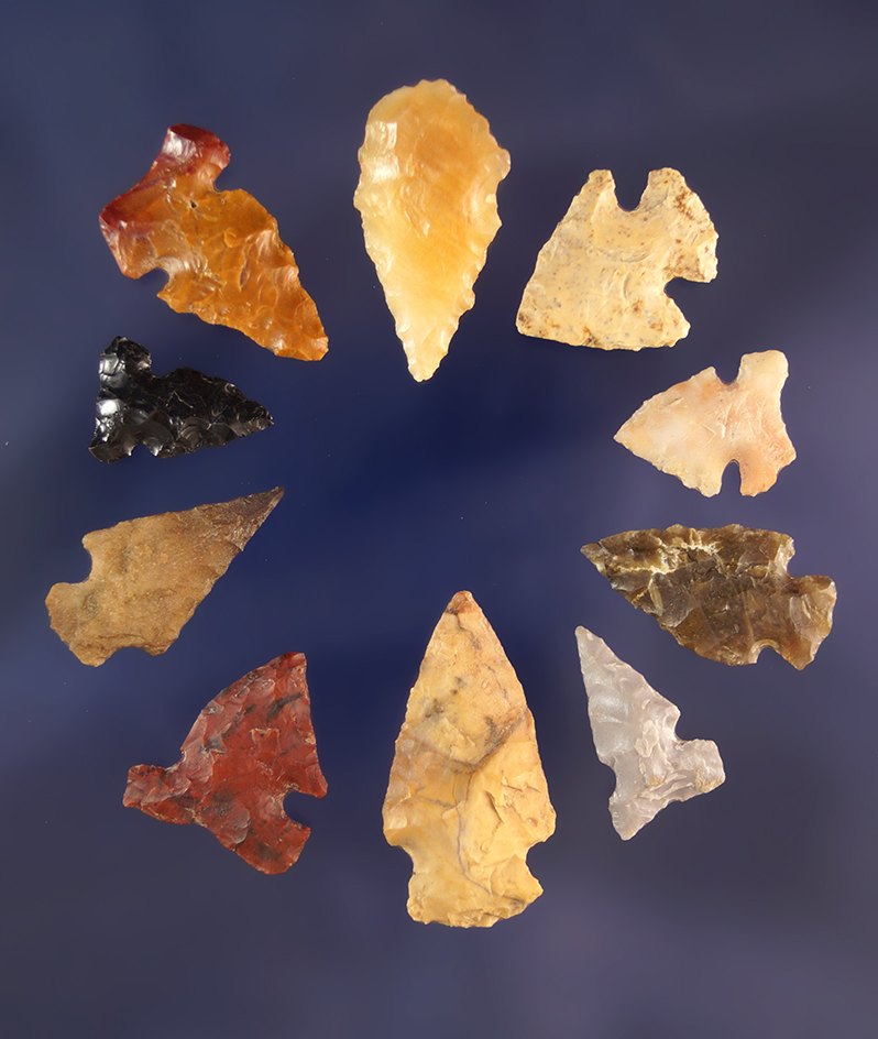 Set of 10 assorted Arrowheads found near Coeur d' Alene River, Idaho. largest is 1"