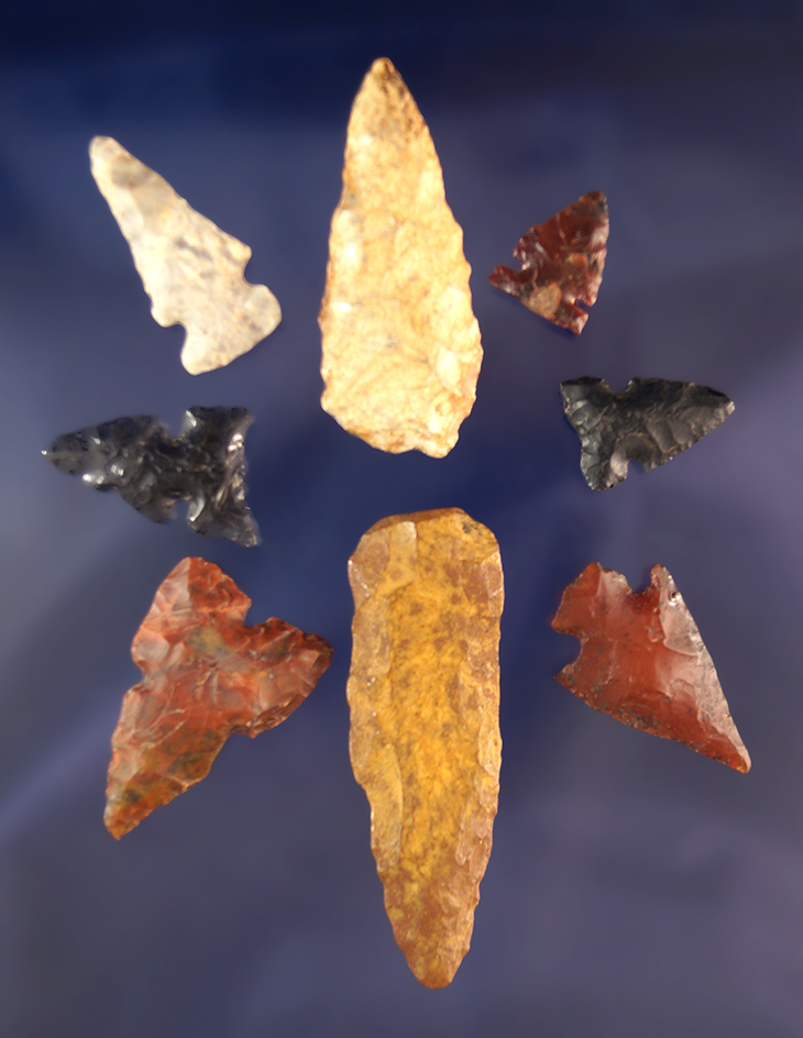 Group of 8 assorted Arrowheads found near the Coeur d' Alene River, Idaho. largest is 2 3/16".