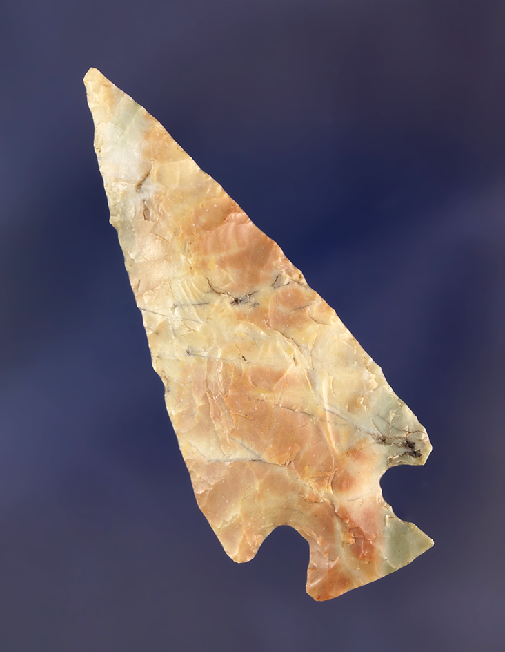 Nice! 2 3/16" Cornernotch Arrowhead - multicolored Flint - California. Ex. Dr. H. H. Stuart.