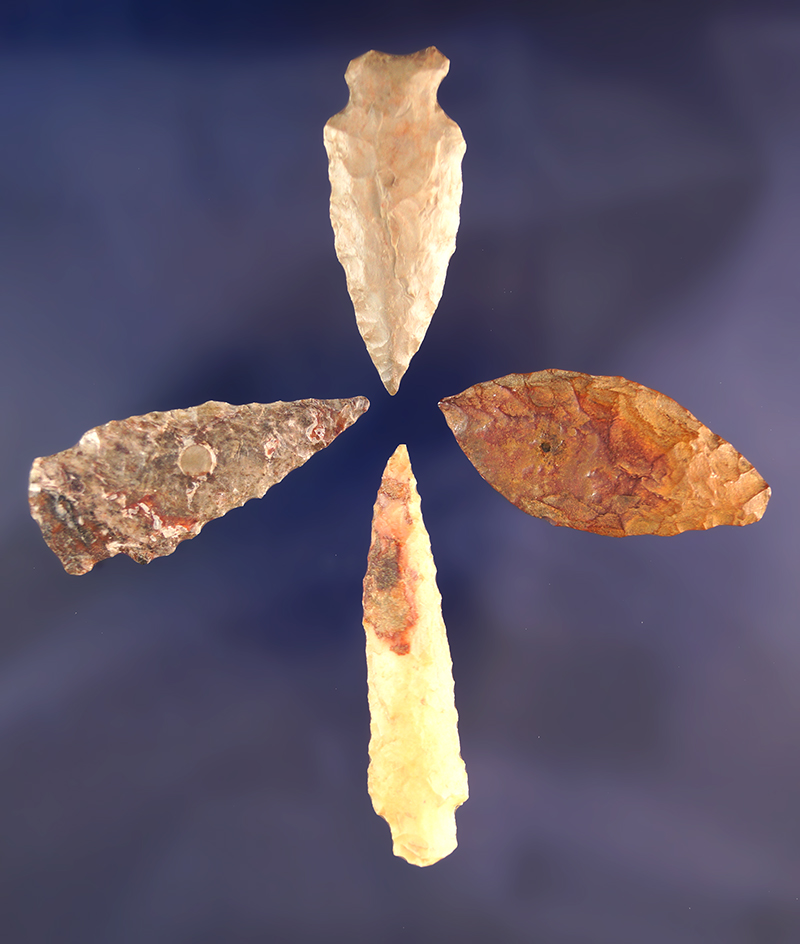 Set of 4 nicely styled Arrowheads found near the Coeur d' Alene River, Idaho. largest is 1 15/16".