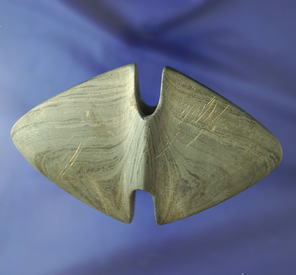5 1/2" Double Notched Wing Bannerstone found in Tuscarawas Co., Ohio. Bennett COA.