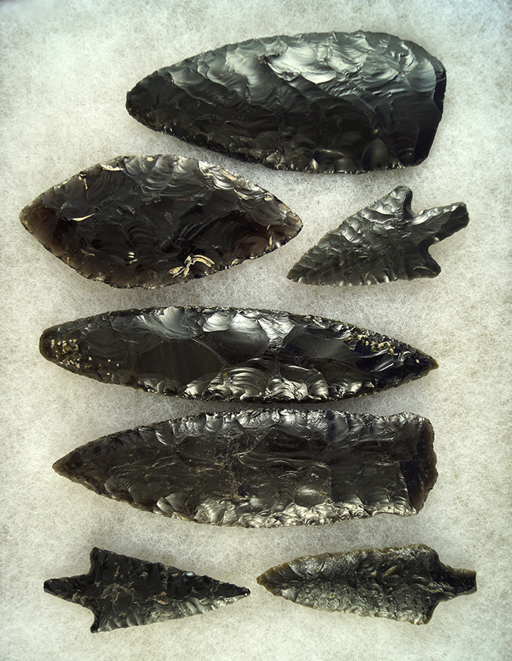 Beautiful set of seven pre-Columbian Aztec obsidian artifacts found in Mexico