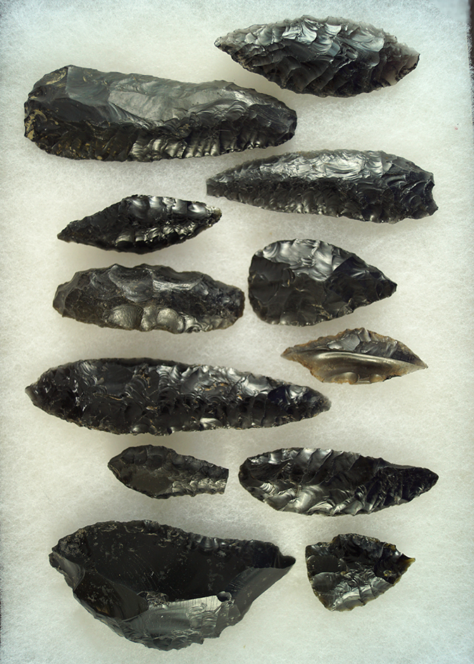 Nice set of 12  pre-Columbian Aztec obsidian artifacts  found in Mexico. Largest is 4 1/4".