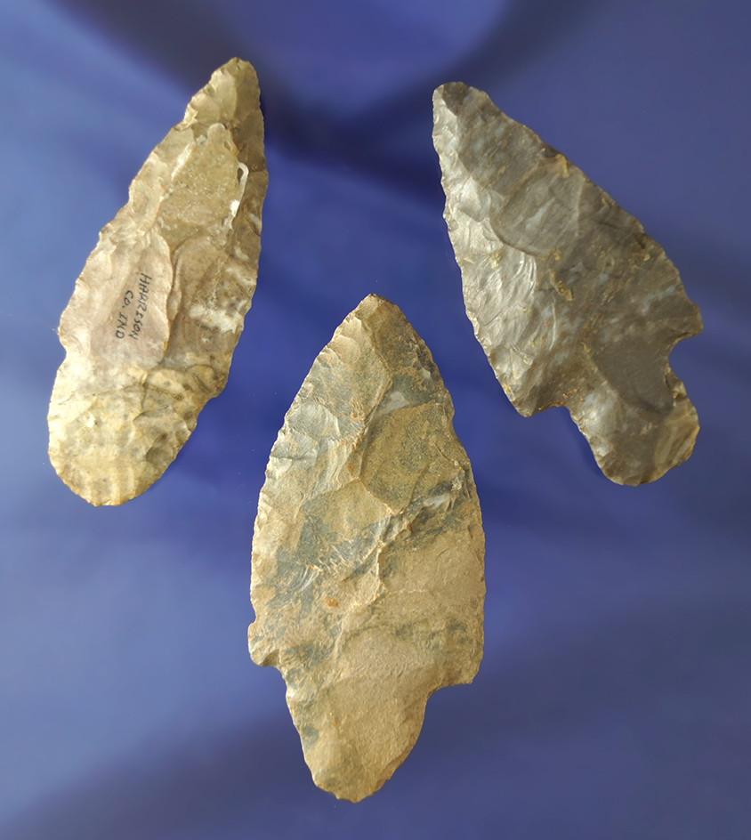Set of three Adena arrowheads, largest is 3 1/8" found in Harrison Co., Indiana. Ex. Les Gerkin.