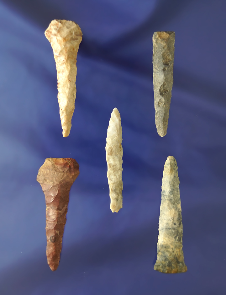 Set of five Drills, largest is 2 1/4" found in Huron Co., Ohio. Ex. Les Gerkin collection.