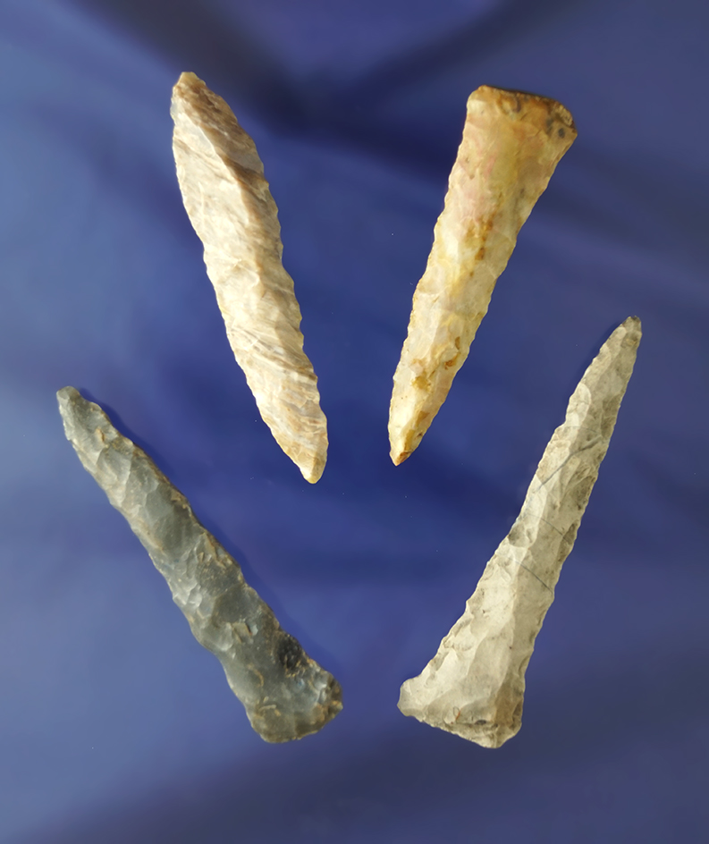 Set of four assorted Drills, largest is 2 9/16" found in Lorain Co., Ohio. Ex. Les Gerkin.