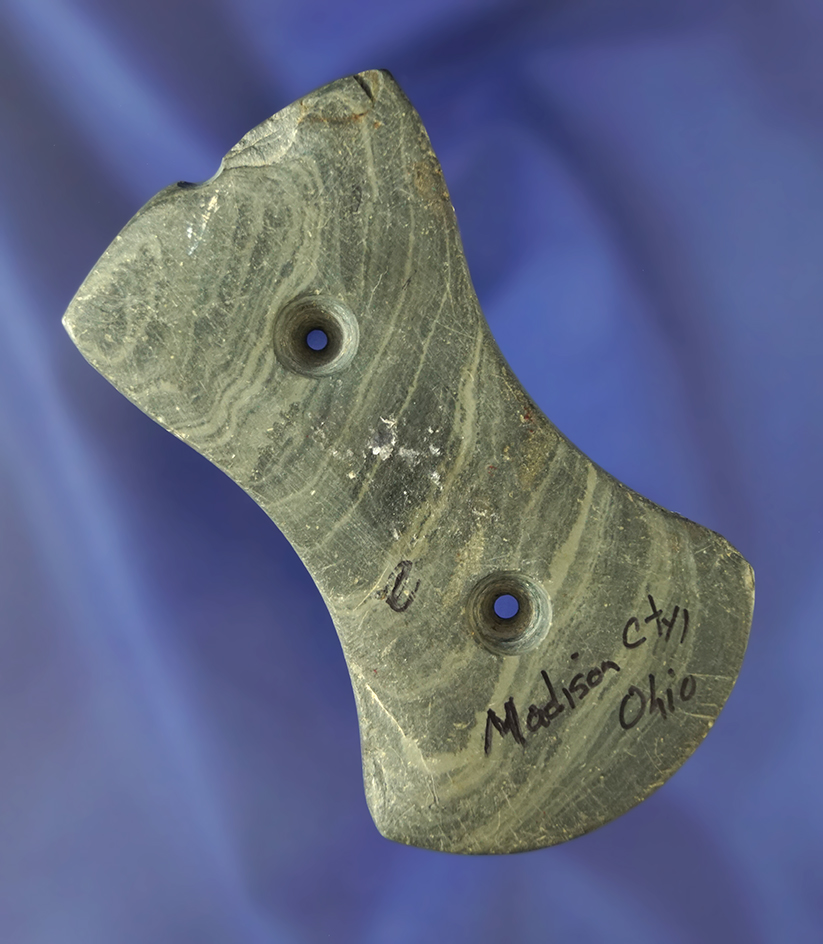 Uniquely styled 3 3/16" banded slate Gorget found in Madison Co., Ohio.
