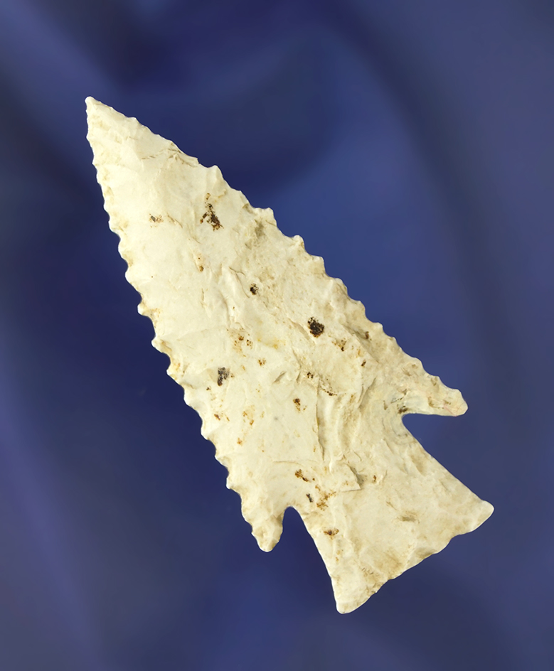 Excellent serrations on this 3" long Hardin found in Adams Co., Illinois - restoration to one ear.