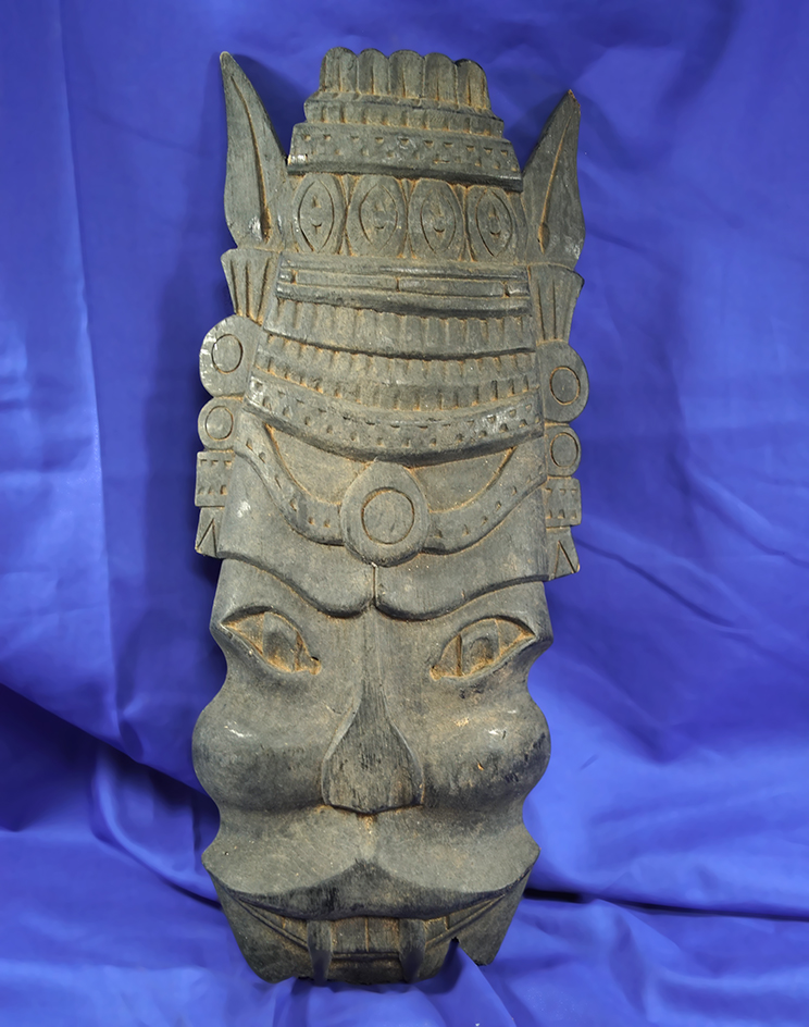 Large 15" tall handcarved wood mask/ totem that appears Asian in origin.