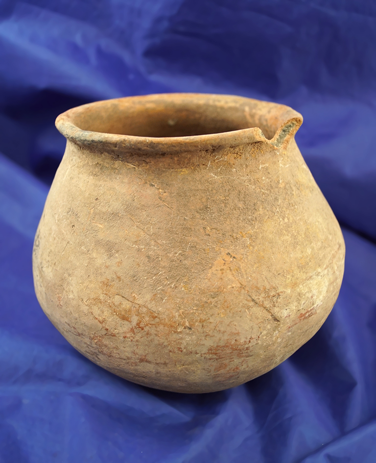 5 1/2" tall x 6 1/2" wide Pre-Columbian pottery bowl with one rim chip - good age on surface.