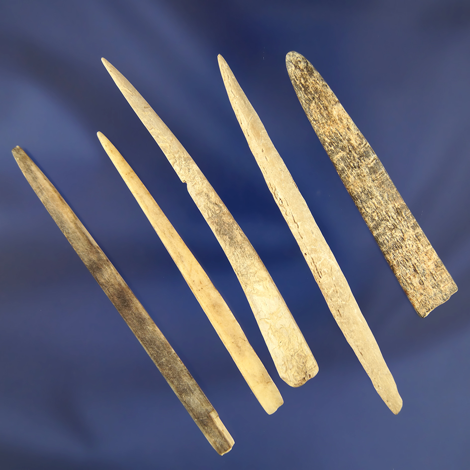 Set of five bone artifacts found near the Columbia River, Washington. Largest is 3 11/16".