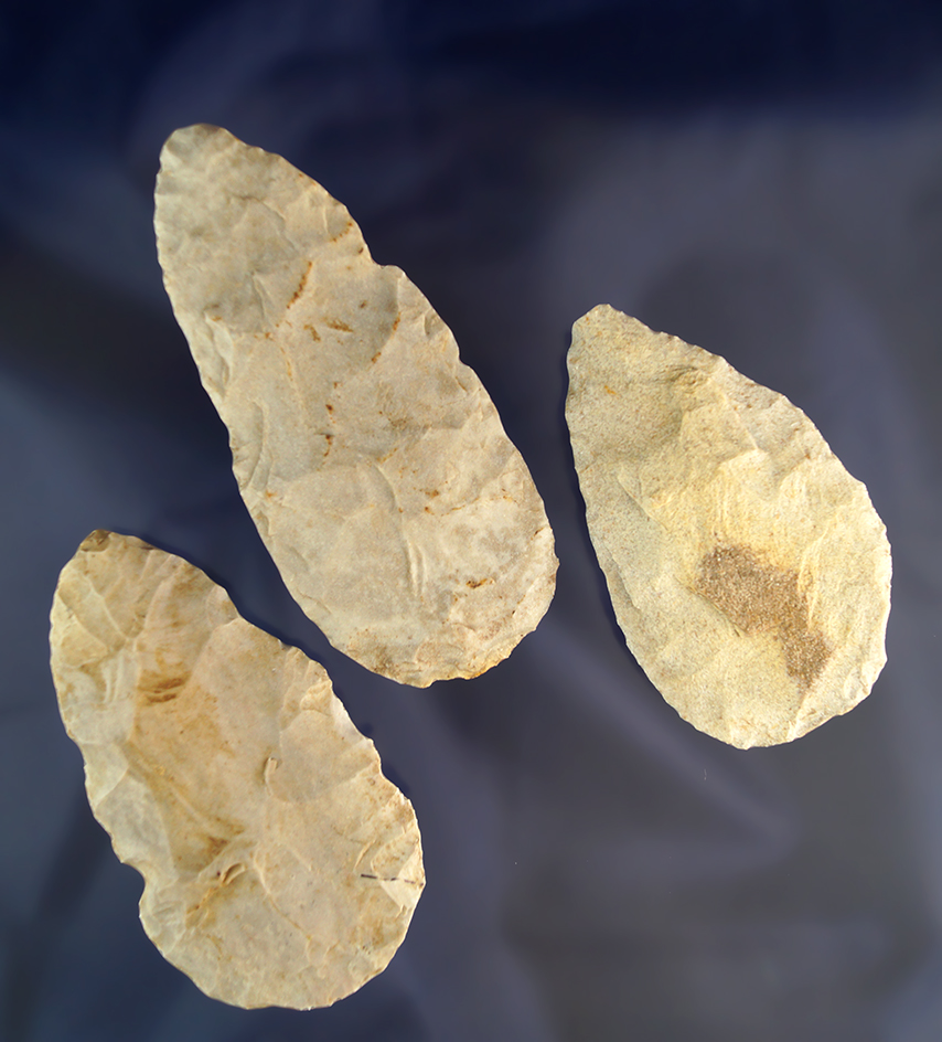 Set of three Flint blades, largest is 4" found in Benton County Missouri.