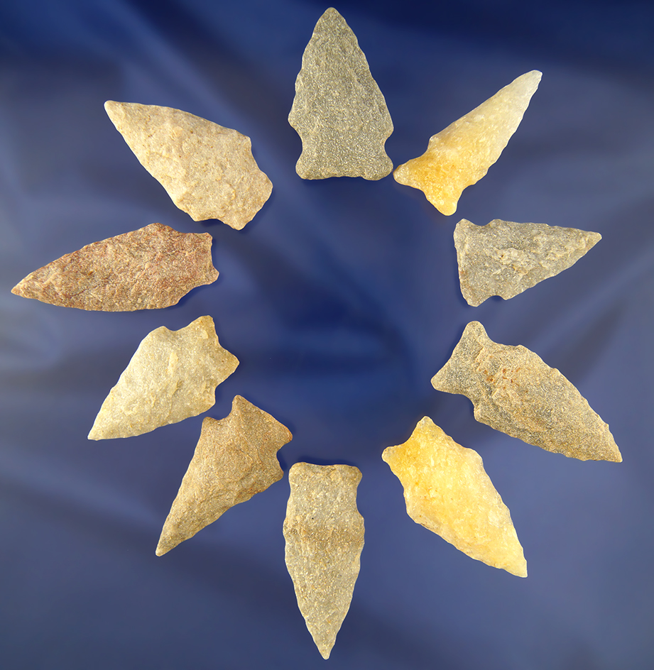 Set of 10 good Arrowheads found in Sussex County Virginia, largest is 2".