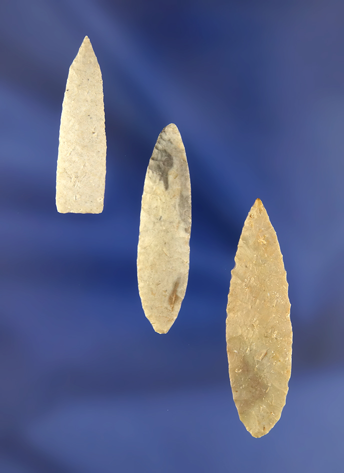 Set of three exceptionally thin and well flaked Nodena points found in Arkansas. Largest is 2".