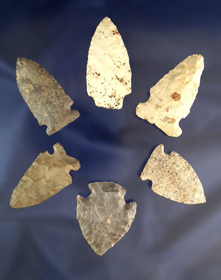 Set of six assorted Midwestern Arrowheads, largest is 1 7/8".