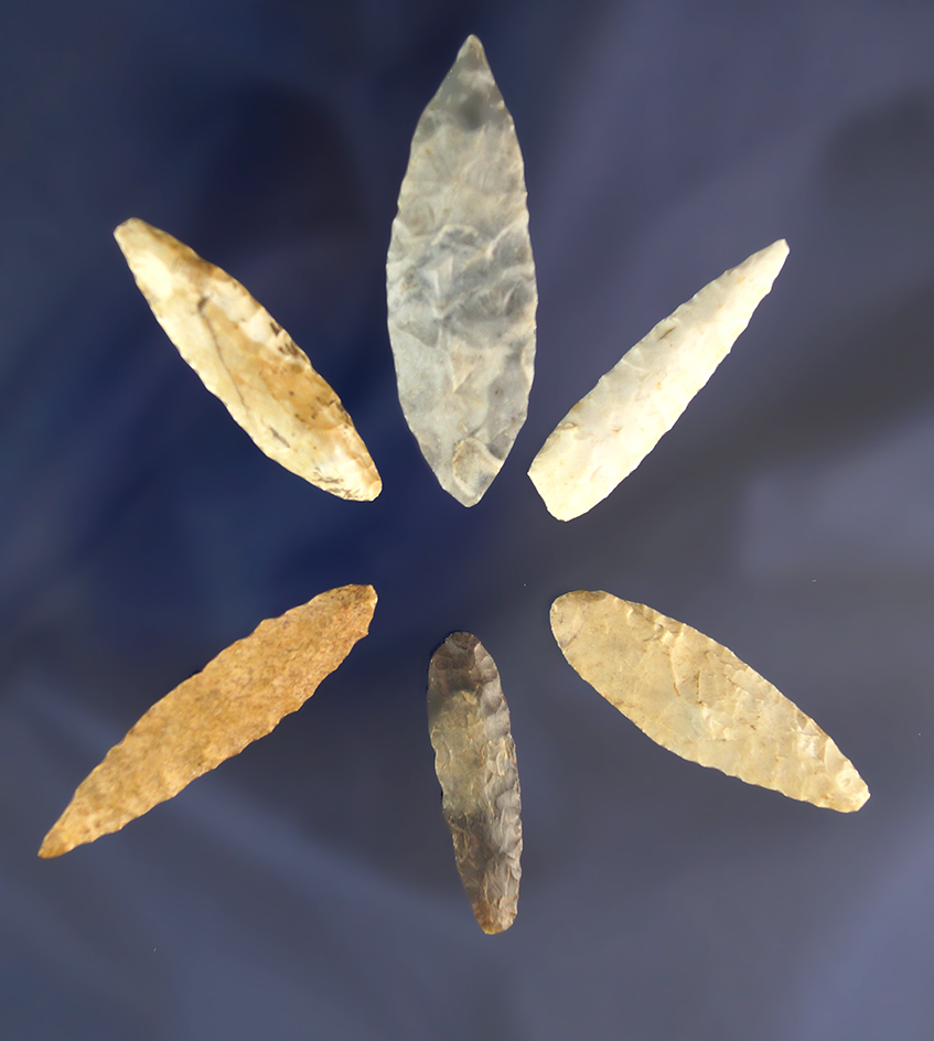 Nice group of six Nodena points found in Arkansas, largest is 2 1/8".