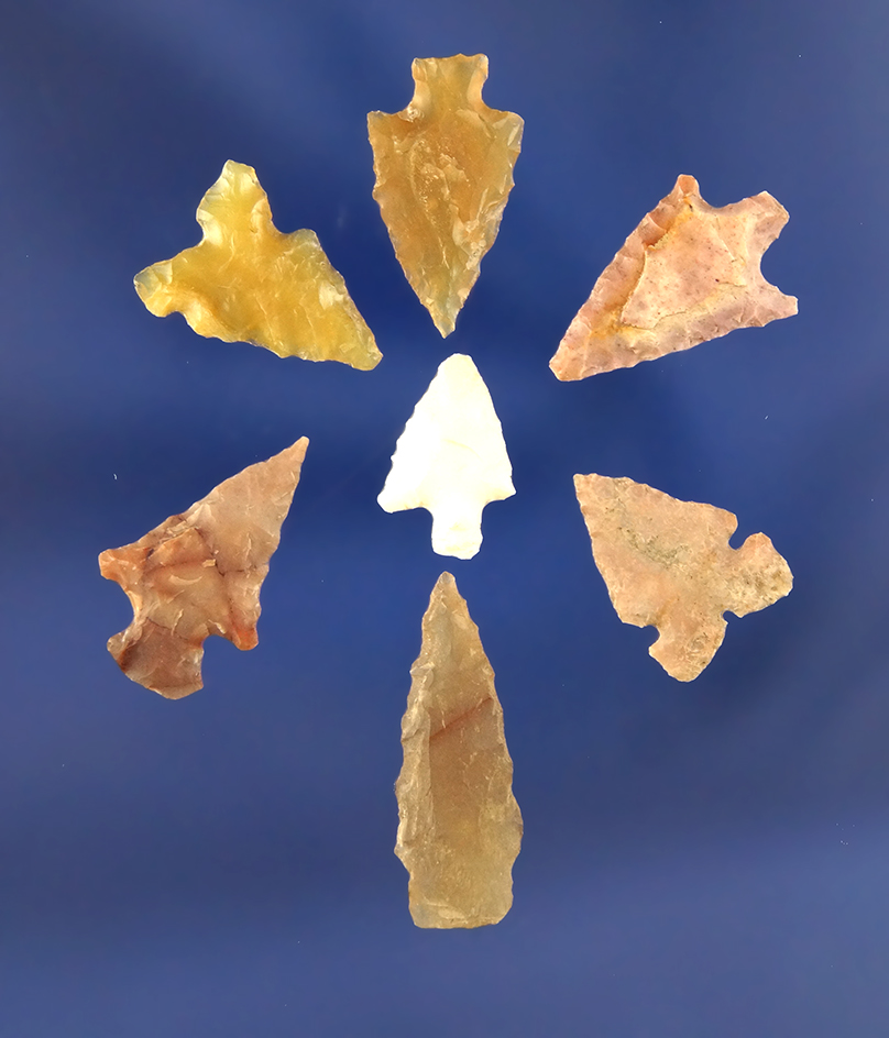 Set of seven assorted Gem Points, largest is 15/16" found near the Columbia River, Washington.