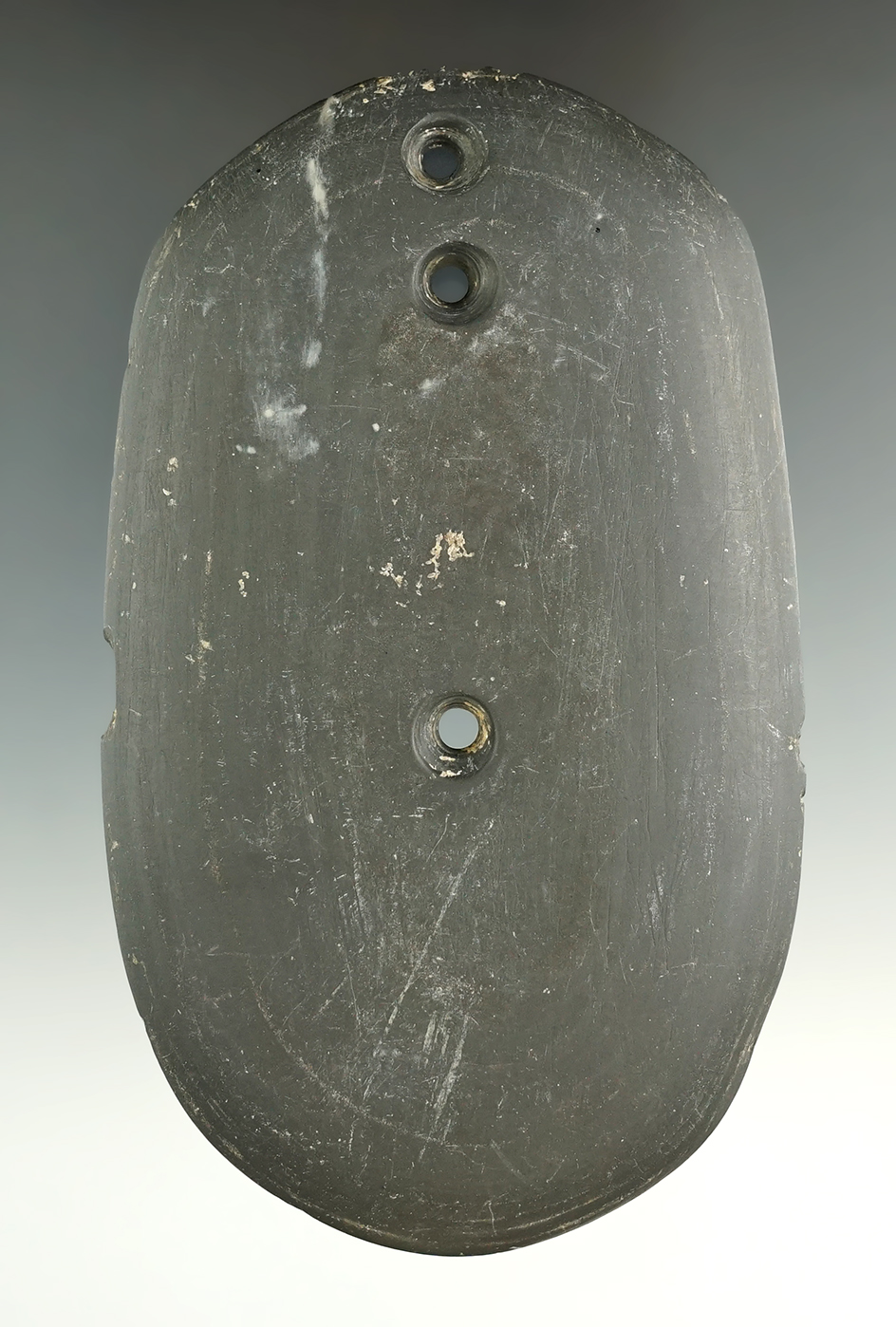 5 5/16" Glacial Kame Ovate Three Hole Gorget made from Banded Slate, found in Branch Co., Michigan.