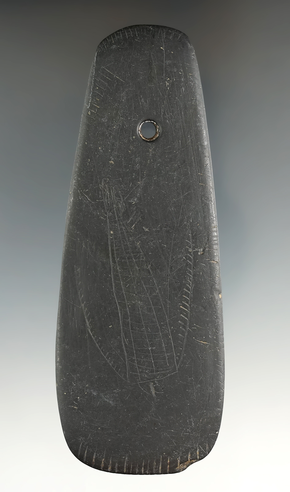 4 3/4" Slate Hopewell Trapezoidal Pendant that is heavily engraved on both sides and tallied on the