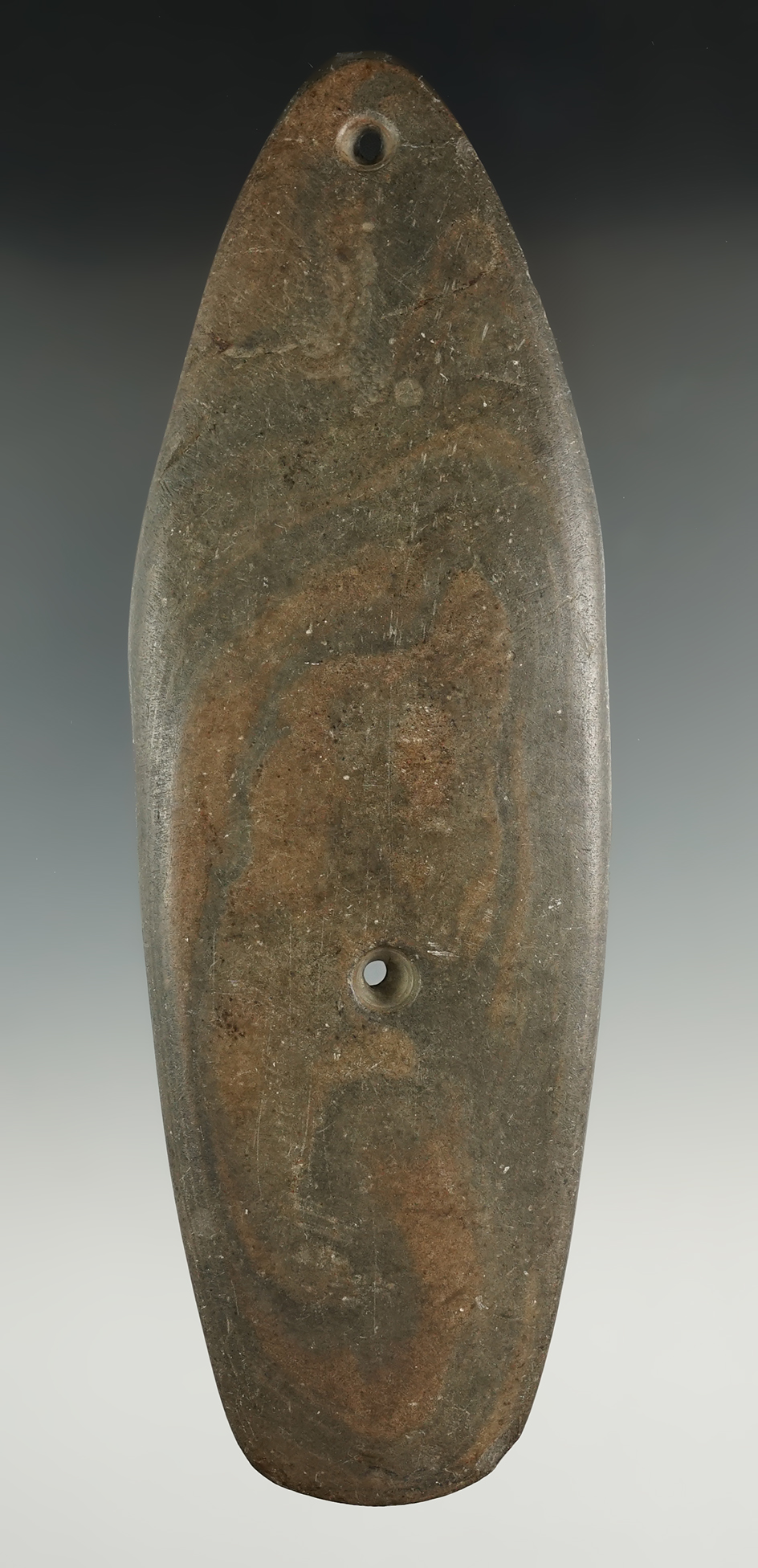 Large 7" Glacial Kame Sandal Sole Gorget made from green and black Banded Slate, found in Michigan.