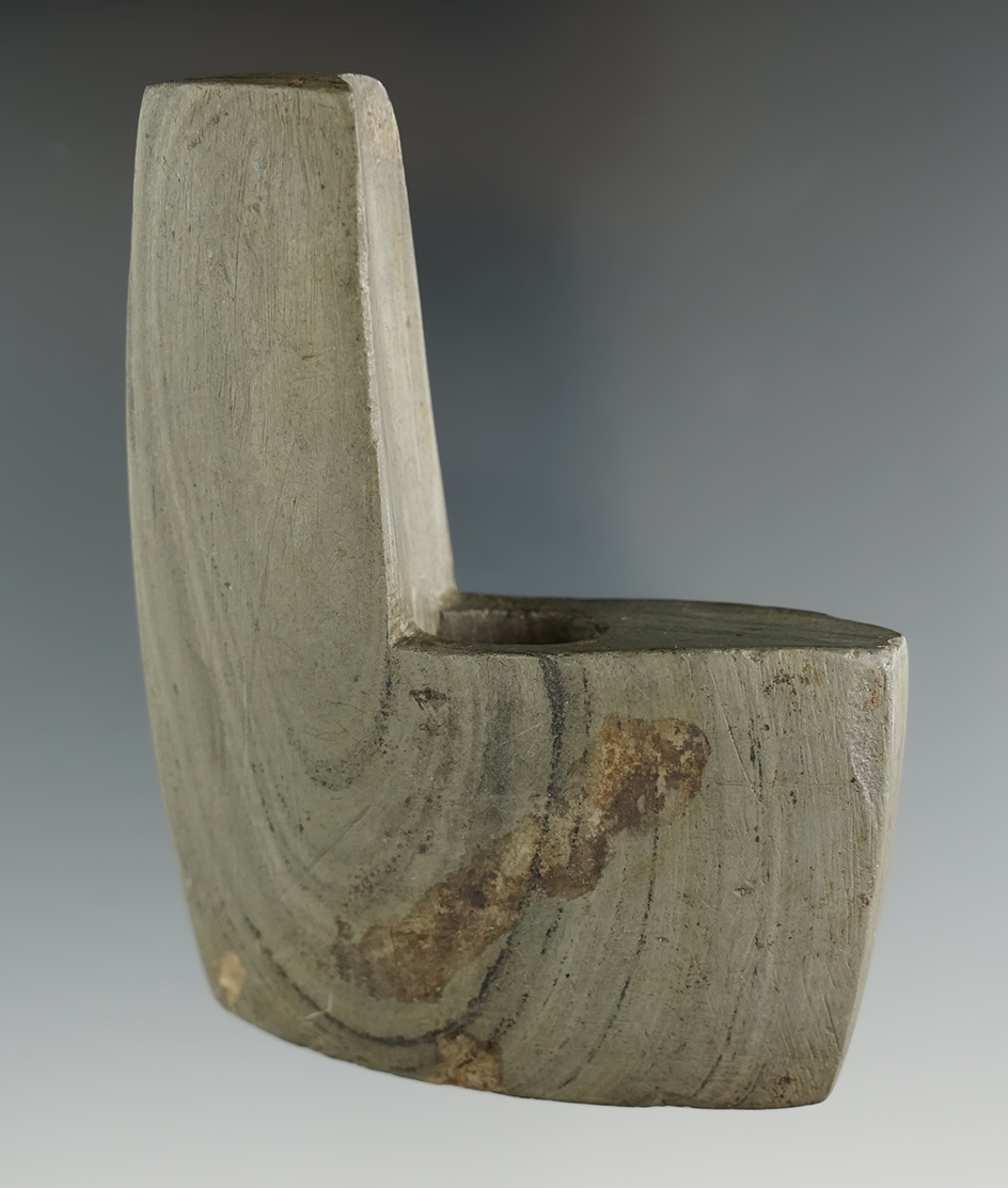 3 3/8" Archaic Geniculate Bannerstone with nice deposits on surface found in Stark Co., Ohio.