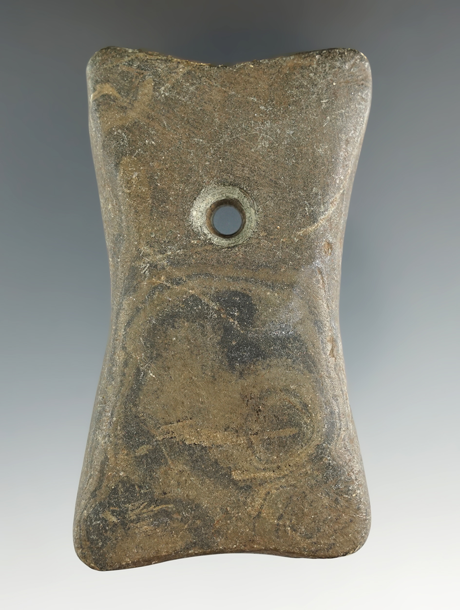 3 1/2" Adena Quadriconcave Pendant found in Marshall Co., Indiana. Comes with a Bennett COA.