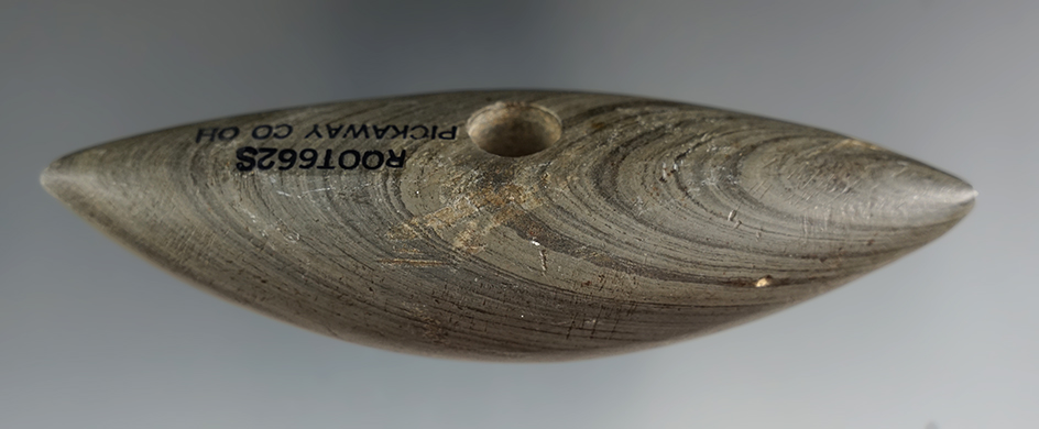 4 3/16" Archaic Pick Bannerstone made from green and black Banded Slate, found in Pickaway Co., Ohio