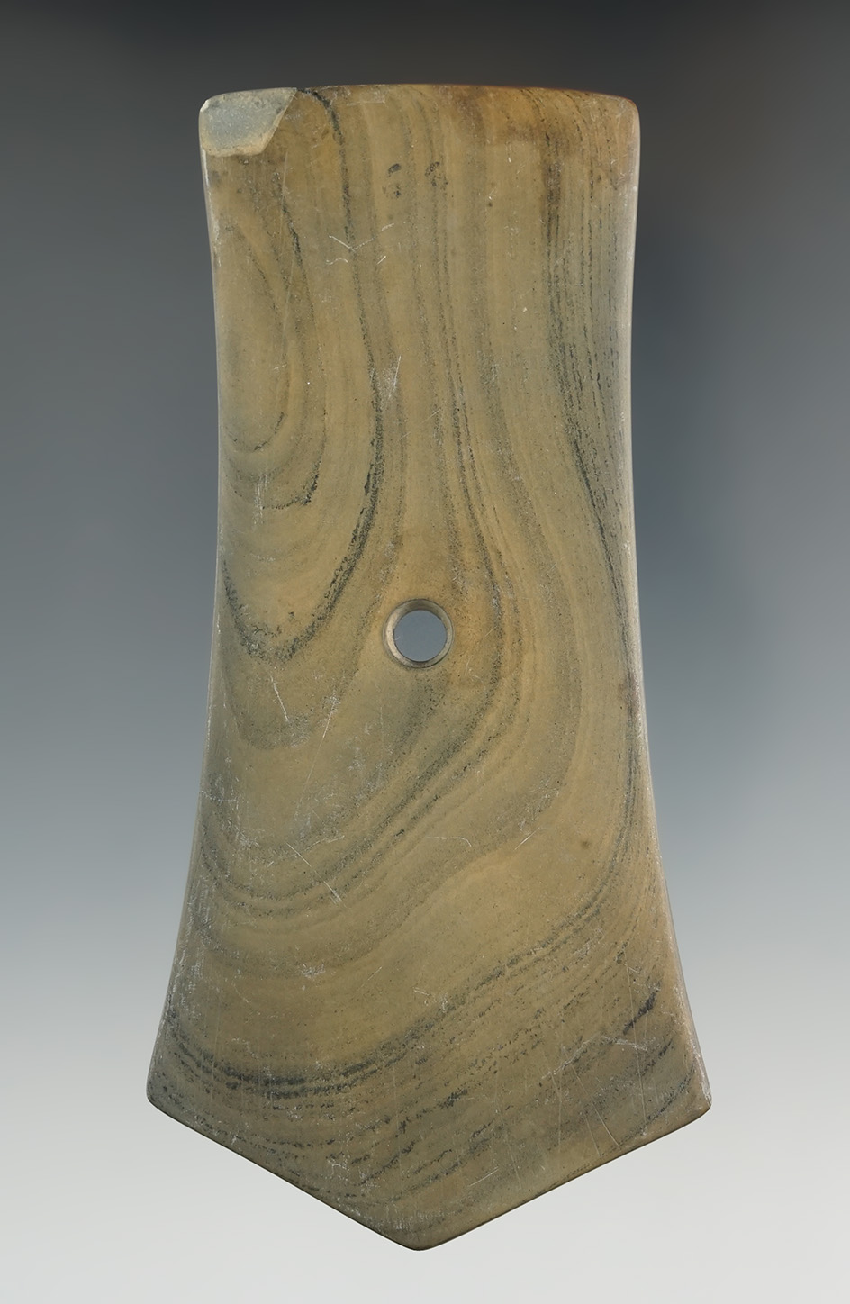 4 3/4" Hopewell Pentagonal Pendant made from Banded Slate, found in Lake Co., Indiana.