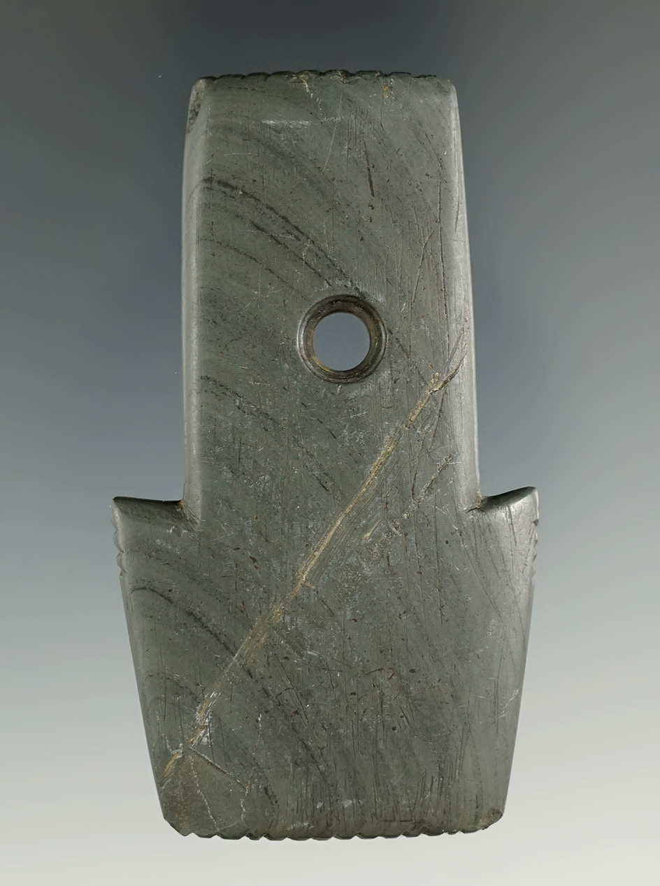 3" Hopewell Shovel Pendant found in Michigan. Tallies on 4 sides. Pictured in Who's Who #7, page 179