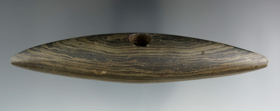 5 1/2" Archaic Pick Bannerstone made from green and black Banded Slate, found in Sandusky Co., Ohio.