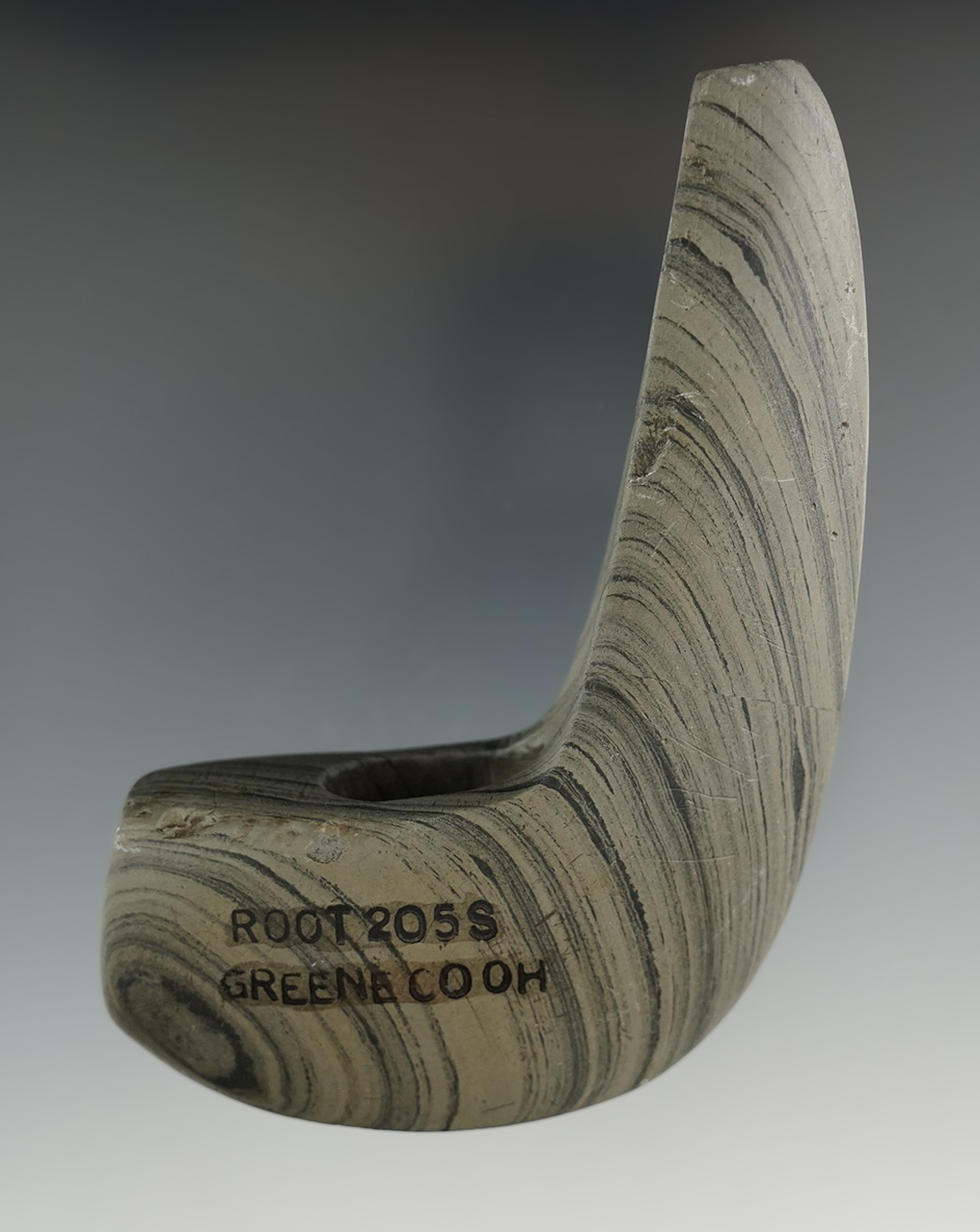 3 3/4" Late Archaic Geniculate found near West Milton, Greene Co., Ohio. Pictured in Ohio Slate Type