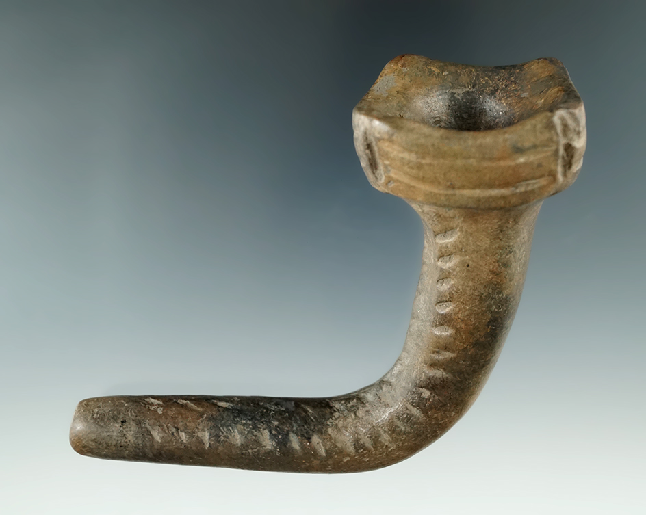4" wide Iroquois clay pipe with a square bowl with castellations found in NY. Some Restoration