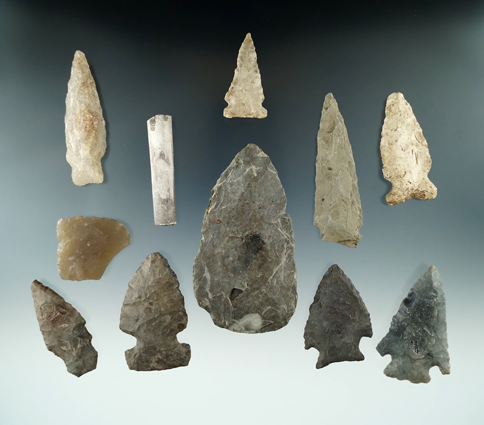 Set of 10 flaked artifacts found in New York, a couple are re-chipped. Largest is 3 1/4".