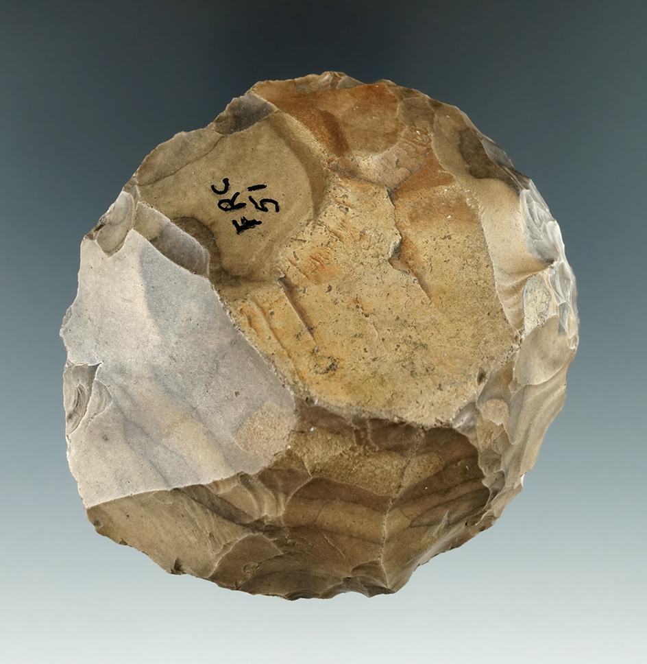 3 3/8" diameter Mousterian core/chopper found in France. Circa 35,000 B.P.