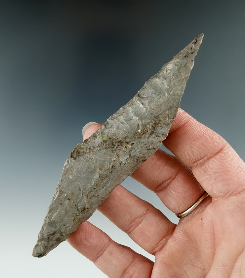 4 1/2" steeply beveled Harahey Knife found in Kansas.
