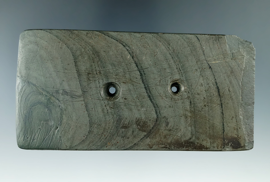 4 5/8 by 2 3/8" Rectangular Gorget with restoration to 1 corner found near Boughton Hill, NY.