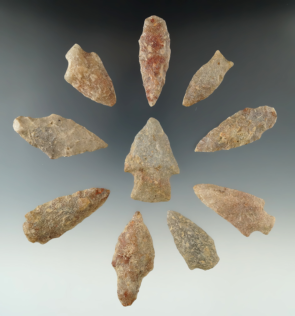 Set of 10 Quartz arrowheads found in New Jersey, largest is 2 7/16".