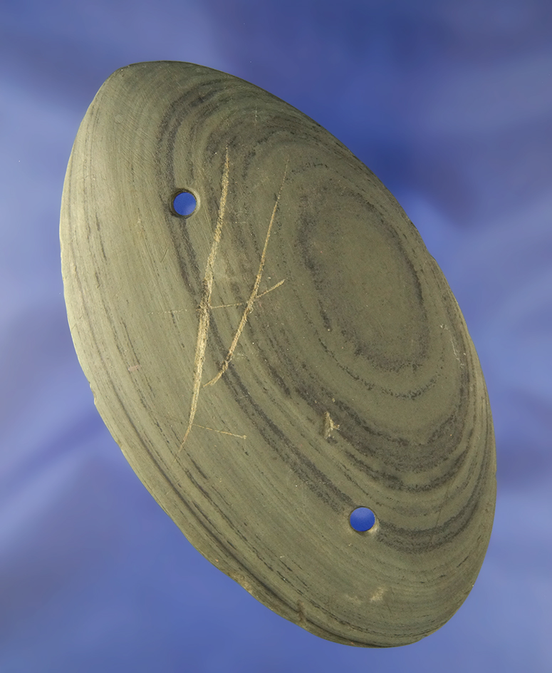 5 7/16" Ovoid Gorget made from Green & Black Banded Slate. Found in Van Wert Co., Ohio.