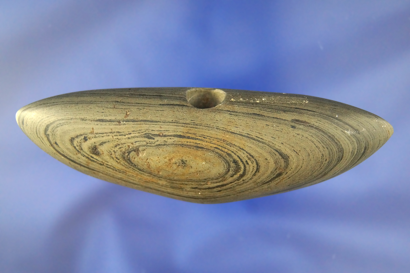 4 1/2" Banded Slate Pick Bannerstone found in Seneca Co., Ohio. Pictured in WW#2, H. Glenn.