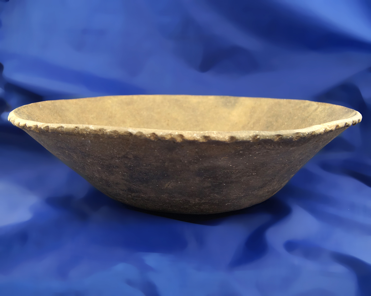 Large Mississippian Grayware piecrust rim bowl, 14" diameter, Mississippi Co., Arkansas.