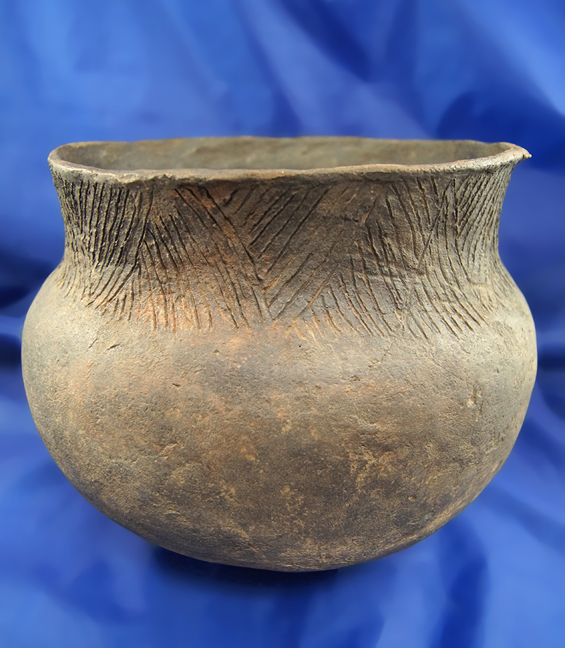 Large 7 3/4" Tall Quapaw Grayware Jar with incised rim design, restored; Lee Co., Arkansas.