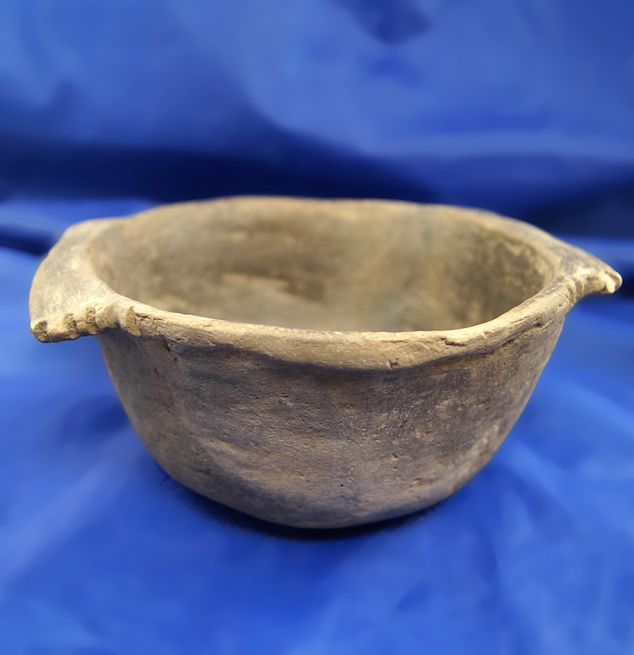 Rare! 6" Wide Mississippian Grayware bowl intact with tabular handles and localized form.