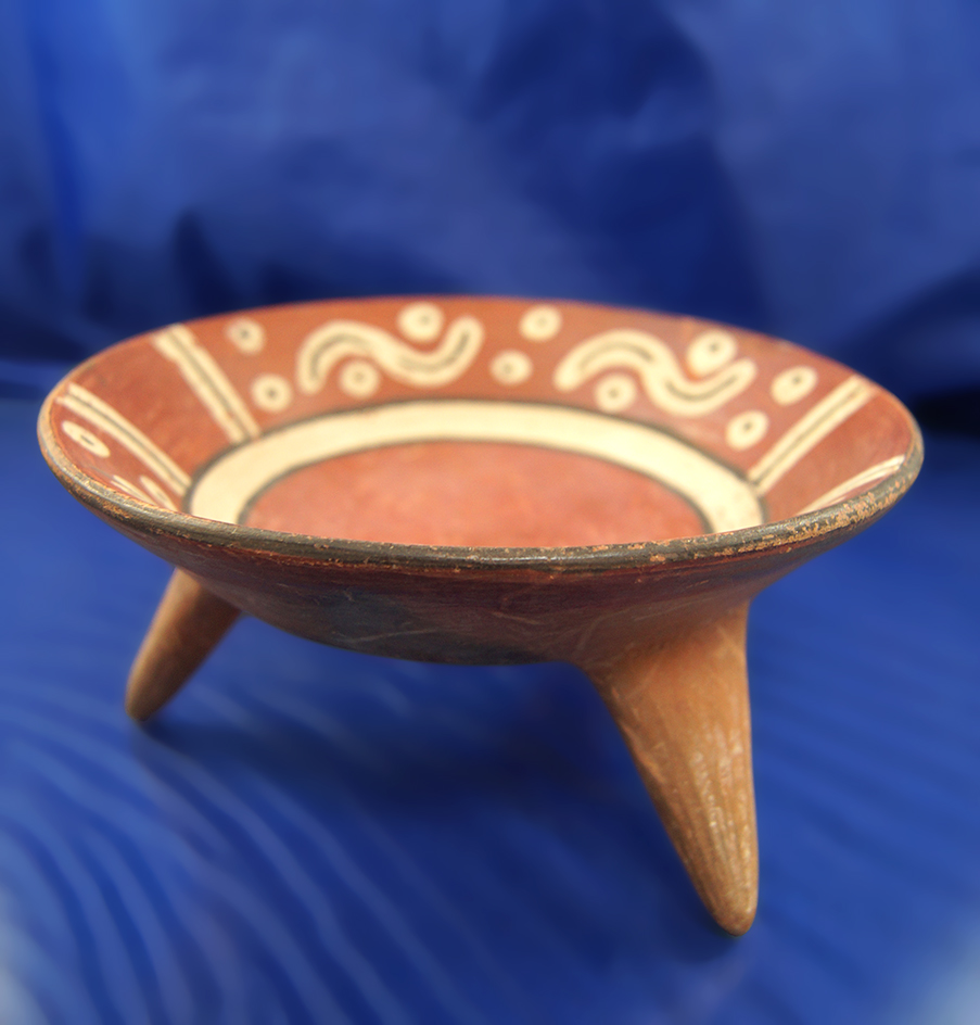 6" Wide Polychrome Tri-pod Dish recovered in Northern Peru. Vivid paint; intact condition.